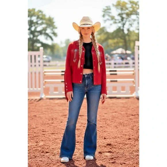Scully Red Suede Leather Jacket Fringe Concho Beaded Medium Womens Western Wear - Picture 2 of 16